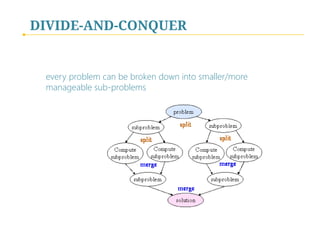 DIVIDE-AND-CONQUER

every problem can be broken down into smaller/more
manageable sub-problems

 