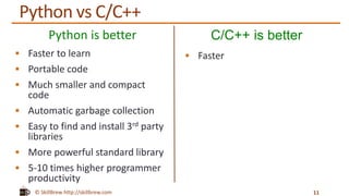 © SkillBrew http://skillbrew.com
Python is better
 Faster to learn
 Portable code
 Much smaller and compact
code
 Automatic garbage collection
 Easy to find and install 3rd party
libraries
 More powerful standard library
 5-10 times higher programmer
productivity
C/C++ is better
 Faster
11
Python vs C/C++
 