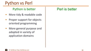 © SkillBrew http://skillbrew.com
Python is better
 More tidy & readable code
 Proper support for objects
oriented programming
 More general purpose and
adopted in variety of
application domains
Perl is better
14
Python vs Perl
 