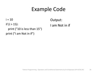 Example Code
i = 10
if (i > 15):
print ("10 is less than 15")
print ("I am Not in if")
Output:
I am Not in if
Python Programming - Operators and Conditional Statements by Dr.A.Rajeswari,AP-II/CSE,VEC 34
 