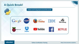 Python Certification Training https://www.edureka.co/python
A Quick Break!
Python and it’s big players around the world!
 