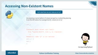 Python Certification Training https://www.edureka.co/python
Accessing Non-Existent Names
Let’s see how we can raise an error!
I’m learning Python!
Accessing a name before it’s been properly created (by placing
it on the left side of an assignment), raises an error
>>> y
Traceback (most recent call last):
File "<pyshell#16>", line 1, in -toplevel-
y
NameError: name ‘y' is not defined
>>> y = 3
>>> y
3
 