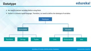 www.edureka.co/pythonEDUREKA PYTHON CERTIFICATION TRAINING
Datatype
C/C++
➢ No need to declare variables before using them
➢ Python is a loosely typed language. Therefore, no need to define the datatype of variables
Datatype
Numbers Strings Tuples Lists Dictionaries Sets
Immutable Mutable
 