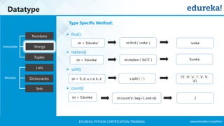 www.edureka.co/pythonEDUREKA PYTHON CERTIFICATION TRAINING
Datatype
Tuples
Numbers
Strings
Lists
Dictionaries
Sets
Mutable
Immutable
Type Specific Method:
➢ find():
➢ replace()
➢ split()
➢ count()
str = ‘Edureka’ str.find ( ‘ureka’ ) ‘ureka’
str = ‘Edureka’ str.replace ( ‘Ed’,’E’ ) ‘Eureka’
str = ‘E, d, u, r, e, k, a’ s.split ( ‘,’ )
[‘E’, ‘d’, ‘u’, ‘r’, ‘e’, ‘k’,
‘a’]
str = ‘Edureka’ str.count(‘e’, beg=2, end=6) 2
 