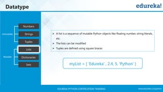 www.edureka.co/pythonEDUREKA PYTHON CERTIFICATION TRAINING
Datatype
Tuples
Numbers
Strings
Lists
Dictionaries
Sets
Mutable
Immutable ➢ A list is a sequence of mutable Python objects like floating number, string literals,
etc.
➢ The lists can be modified
➢ Tuples are defined using square braces
myList = [ ‘Edureka’ , 2.4, 5, ‘Python’ ]
 