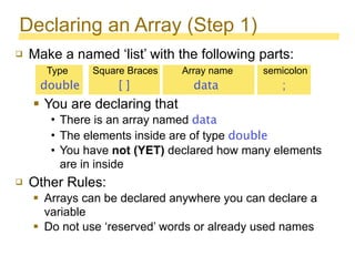 Declaring an Array (Step 1)
 Make a named ‘list’ with the following parts:
Type Square Braces Array name semicolon
double
 [ ] data ;
 You are declaring that
• There is an array named data
• The elements inside are of type double
• You have not (YET) declared how many elements
are in inside
 Other Rules:
 Arrays can be declared anywhere you can declare a
variable
 Do not use ‘reserved’ words or already used names
 