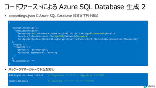 コードファーストによる Azure SQL Database ⽣成 2
{
"ConnectionStrings": {
"DefaultConnection":
"Server=tcp:xxx.database.windows.net,1433;Initial Catalog=BlazorWasmDb;Persist
Security Info=False;User ID=(UserID);Password=(Password);
MultipleActiveResultSets=False;Encrypt=True;TrustServerCertificate=False;Connection Timeout=30;"
},
"Logging": {
"LogLevel": {
"Default": "Information",
"Microsoft.AspNetCore": "Warning"
}
},
"AllowedHosts": "*"
}
Add-Migration -Name Initial // Migrations フォルダーと Migration クラス作成
Update-Database // Azure SQL データベースとテーブル作成
 