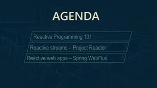 AGENDA
Reactive Programming 101
Reactive streams – Project Reactor
Reactive web apps – Spring WebFlux
 