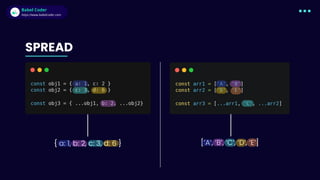 Babel Coder
Babel Coder
https://www.babelcoder.com
{ a: 1, b: 2, c: 3, d: 6 }
SPREAD
[’A’, ‘B’, ‘C’, ‘D’, ‘E’]
 