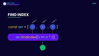 Babel Coder
Babel Coder
https://www.babelcoder.com
1
const arr = [ , , ]
2 3
1
FIND INDEX
arr.findIndex(n => n * 2)
index: 0
index: 1
index: 2
 