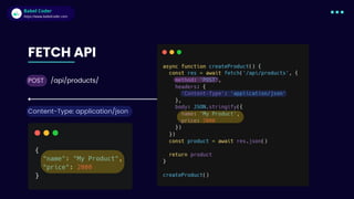 Babel Coder
Babel Coder
https://www.babelcoder.com
FETCH API
/api/products/
Content-Type: application/json
POST
 