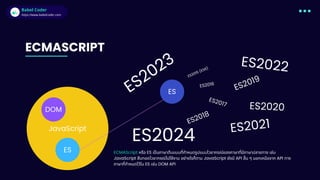 Babel Coder
Babel Coder
https://www.babelcoder.com
ES
ECMASCRIPT
JavaScript
ES
DOM
ECMAScript หรือ ES เป็นภาษาต้นแบบที่กำหนดรูปแบบไวยากรณ์ของภาษาที่มีภาษาปลายทาง เช่น
JavaScript สืบทอดไวยากรณ์ไปใช้งาน อย่างไรก็ตาม JavaScript ยังมี API อื่น ๆ นอกเหนือจาก API ทาง
ภาษาที่กำหนดไว้ใน ES เช่น DOM API
ES2015 (ES6)
ES2016
ES2017
ES2018
ES2019
ES2020
ES2021
ES2022
ES2023
ES2024
 