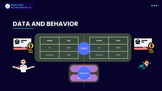 Babel Coder
Babel Coder
https://www.babelcoder.com
name Loki
no 1234
amount 500
name Thor
no 5678
amount 1,000
deposit
withdraw
Data
DATA AND BEHAVIOR
Behavior
 