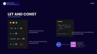 Babel Coder
Babel Coder
https://www.babelcoder.com
person
name
LET AND CONST
การใช้ let ในการประกาศตัวแปร
สามารถเปลี่ยนค่าได้
การใช้ const ในการประกาศตัวแปร ไม่
สามารถเปลี่ยนค่าได้
อย่างไรก็ตามการใช้ const กับออบเจ็กต์ ยังคง
สามารถแก้ไขค่าภายในได้
age 24
Somchai
25
 