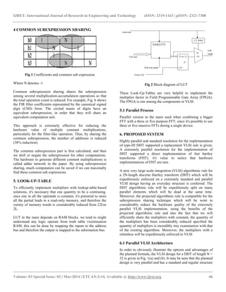IJRET: International Journal of Research in Engineering and Technology eISSN: 2319-1163 | pISSN: 2321-7308
__________________________________________________________________________________________
Volume: 03 Special Issue: 02 | Mar-2014 | ETCAN-2-14, Available @ http://www.ijret.org 46
4 COMMON SUBEXPRESSION SHARING
Fig 1 Coefficients and common sub expression
Where N denotes -1
Common subexpression sharing shares the subexpression
among several multiplication-accumulation operations so that
the total operation count is reduced. For example, Fig. 6 shows
the FIR filter coefficients represented by the canonical signed
digit (CSD) form. The circled teams of digits have an
equivalent subexpression, in order that they will share an
equivalent computation unit.
This approach is extremely effective for reducing the
hardware value of multiple constant multiplications,
particularly for the filter-like operation. Thus, by sharing the
common subexpression, the number of additions is reduced
(38% reduction).
The common subexpression part is first calculated, and then
we shift or negate the subexpression for other computations.
The hardware to generate different constant multiplications is
called adder network in the paper. By using subexpression
sharing, much computation can be saved if we can maximally
find these common sub expressions.
5. LOOK-UP-TABLE
To efficiently implement multipliers with lookup-table-based
solutions, it's necessary that one quantity to be a continuing.
once one in all the operands is constant, it's potential to store
all the partial leads to a read-only memory, and therefore the
variety of memory words is considerably reduced from 22Lto
2L.
LUT in the main depends on RAM blocks. we tend to might
understand any logic operate from truth table victimisation
RAM, this can be done by mapping the inputs to the address
bus and therefore the output is mapped to the information bus.
Fig 2 Block diagram of LUT
These Look-Up-Tables are very helpful to implement the
multiplier factor in Field Programmable Gate Array (FPGA).
The FPGA is one among the components in VLSI.
5.1 Parallel Process
Parallel version in the main used when combining a bigger
FFT with a three or five purpose FFT, since it's possible to use
three or five massive FFTs during a single device.
6. PROPOSED SYSTEM
Highly parallel and standard resolution for the implementation
of type-III DHT supported a replacement VLSI rule is given.
A extremely parallel resolution for the implementation of
DHT supported a direct implementation of fast hartley
transforms (FHT). it's value to notice that hardware
implementations of FHT are rare.
A new very large scale integration (VLSI) algorithmic rule for
a 2N-length discrete Hartley transform (DHT) which will be
expeditiously enforced on a extremely standard and parallel
VLSI design having an everyday structure is conferred. The
DHT algorithmic rule will be expeditiously split on many
parallel elements which will be dead at the same time.
Moreover, the projected algorithmic rule is compatible for the
subexpression sharing technique which will be wont to
considerably reduce the hardware quality of the extremely
parallel VLSI implementation. using the benefits of the
projected algorithmic rule and also the fact that we will
efficiently share the multipliers with constant, the quantity of
the multipliers has been considerably reduced specified the
quantity of multipliers is incredibly tiny examination with that
of the existing algorithms. Moreover, the multipliers with a
relentless will be expeditiously enforced in VLSI.
6.1 Parallel VLSI Architecture
In order to obviously illustrate the options and advantages of
the planned formula, the VLSI design for a DHT of length N =
32 is given in Fig. 1(a) and (b). It may be seen that the planned
design is very parallel and has a standard and regular structure
 
