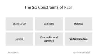 Uniform Interface
Code on Demand
(optional)
Layered
StatelessCacheableClient-Server
The Six Constraints of REST
@schneidenbach#NeverRest
 