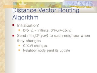 Distance Vector Routing Algorithm Initialization: D X (*,v) = inifinite, D X (v,v)=c(x,v) Send min w D X (y,w) to each neighbor when they changes C(X,V) changes Neighbor node send its update 