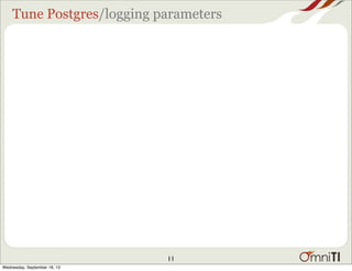 Tune Postgres/logging parameters
11
Wednesday, September 18, 13
 