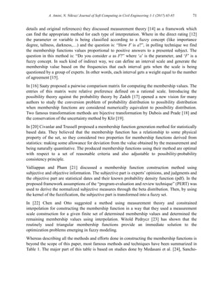 A. Amini, N. Nikraz/ Journal of Soft Computing in Civil Engineering 1-1 (2017) 65-85 71
details and original references) they discussed measurement theory [14] as a framework which
can find the appropriate method for each type of interpretation. Where in the direct rating [12]
the parameter or variable is being classified according to a fuzzy concept (like importance
degree, tallness, darkness,…) and the question is: “How F is a?”, in polling technique we find
the membership functions values proportional to positive answers to a presented subject. The
question in this method is: “Do you consider a as F?” where ‘a’ is the parameter, and ‘F’ is a
fuzzy concept. In such kind of indirect way, we can define an interval scale and generate the
membership value based on the frequencies that each interval gets when the scale is being
questioned by a group of experts. In other words, each interval gets a weight equal to the number
of agreement [15].
In [16] Saaty proposed a pairwise comparison matrix for computing the membership values. The
entries of this matrix were relative preference defined on a rational scale. Introducing the
possibility theory against the probability theory by Zadeh [17] opened a new vision for many
authors to study the conversion problem of probability distribution to possibility distribution
when membership functions are considered numerically equivalent to possibility distribution.
Two famous transformation methods are bijective transformation by Dubois and Prade [18] and
the conservation of the uncertainty method by Klir [19].
In [20] Civanlar and Trussell proposed a membership function generation method for statistically
based data. They believed that the membership function has a relationship to some physical
property of the set, so they considered two properties for membership functions derived from
statistics: making some allowance for deviation from the value obtained by the measurement and
being naturally quantitative. The produced membership functions using their method are optimal
with respect to a set of reasonable criteria and also adjustable to possibility-probability
consistency principle.
Valliappan and Pham [21] discussed a membership function construction method using
subjective and objective information. The subjective part is experts’ opinions, and judgments and
the objective part are statistical dates and their known probability density function (pdf). In the
proposed framework assumptions of the “program-evaluation and review technique” (PERT) was
used to derive the normalized subjective measures through the beta distribution. Then, by using
the kernel of the fuzzification, the subjective part is transformed into a fuzzy set.
In [22] Chen and Otto suggested a method using measurement theory and constrained
interpolation for constructing the membership function in a way that they used a measurement
scale construction for a given finite set of determined membership values and determined the
remaining membership values using interpolation. Witold Pedrycz [23] has shown that the
routinely used triangular membership functions provide an immediate solution to the
optimization problems emerging in fuzzy modeling.
Whereas describing all the methods and efforts done in constructing the membership functions is
beyond the scope of this paper, most famous methods and techniques have been summarized in
Table 1. The major part of this table is based on studies done by Medasani et al. [24], Sancho-
 