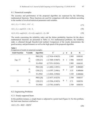 H. Shahmoradi et al./ Journal of Soft Computing in Civil Engineering 2-2 (2018) 89-101 97
4.1. Numerical examples
The accuracy and performance of the proposed algorithm are expressed by the following
mathematical functions. These functions are used for comparison with other methods according
to the number of involved statistical parameters and variables.
2
1 2 1 2
( , ) 5 0.5( 0.1)
G X X X X
   
(17)
1 2 1 2
( , ) exp (0.2 1.4)
G X X X X
    (18)
   
   
1 2
1, 2 exp 0.4 2 6.2 exp 0.3 5 200
G X X X X
      (19)
The results concerning the reliability index and the failure probability function for the above
mathematical functions are presented in Table (1). For mathematical problems, the reliability
index is obtained through Hasofer-Lind method. Comparison of the results demonstrates the
good accuracy and performance as well as the high speed of the proposed algorithm.
Table 1
Comparison of results in numerical examples.
Limit Function Variable Algorithm U*
µ σ  Pf
Eqe. 17
X1
X2
PSO [20] (
0.9625
،
-2.7416
)
0 1
2.905 0.00183
CSS [21] (
0.9607
،
-2.7408
) 2.906 0.00183
FA-PSO (
0.9241
،
2.7551
) 2.905 0.00183
18
X1
X2
PSO [20] (-1.6882, 2.8931)
0 1
3.497 0.000405
CSS [21] (-1.6797, 2.8981) 3.35 0.000404
FA-PSO (-1.6826, 2.8964) 3.349 0.000404
19
X1
X2
PSO [20] (-2.5477, 0.9235)
0 1
2.709 0.00337
CSS [21] (-2.5396, 0.9453) 2.71 0.00336
FA-PSO (-2.5783, 0.8407) 2.709 0.00330
4.2. Engineering Problems
4.2.1. Simply-supported beam
In this problem instance, a simple beam is subjected to a point load (Figure 2). For this problem,
the limit state function is defined as:
2
( , , ) 48 100
G E I P EI PL
  (20)
 
