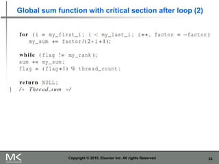 33
Global sum function with critical section after loop (2)
Copyright © 2010, Elsevier Inc. All rights Reserved
 