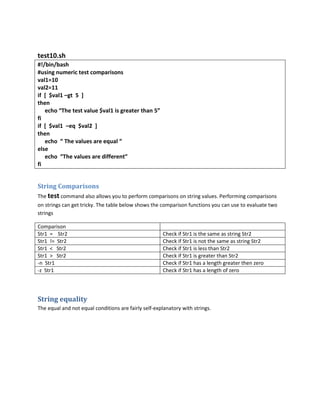 test10.sh
#!/bin/bash
#using numeric test comparisons
val1=10
val2=11
if [ $val1 –gt 5 ]
then
   echo “The test value $val1 is greater than 5”
fi
if [ $val1 –eq $val2 ]
then
   echo “ The values are equal “
else
   echo “The values are different”
fi


String Comparisons
The test command also allows you to perform comparisons on string values. Performing comparisons
on strings can get tricky. The table below shows the comparison functions you can use to evaluate two
strings

Comparison
Str1 = Str2                                           Check if Str1 is the same as string Str2
Str1 != Str2                                          Check if Str1 is not the same as string Str2
Str1 < Str2                                           Check if Str1 is less than Str2
Str1 > Str2                                           Check if Str1 is greater than Str2
-n Str1                                               Check if Str1 has a length greater then zero
-z Str1                                               Check if Str1 has a length of zero




String equality
The equal and not equal conditions are fairly self-explanatory with strings.
 
