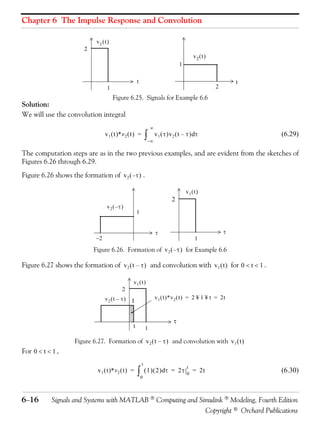 Chapter 6 The Impulse Response and Convolution

                             v1 ( t )
                        2
                                                                                            v2 ( t )
                                                                                    1

                                                       t                                                       t
                                   1                                                                   2
                                        Figure 6.25. Signals for Example 6.6
Solution:
We will use the convolution integral
                                                                   ∞
                                  v 1 ( t )∗ v 2 ( t ) =       ∫–∞ v ( τ )v ( t – τ ) dτ
                                                                           1    2                                  (6.29)

The computation steps are as in the two previous examples, and are evident from the sketches of
Figures 6.26 through 6.29.
Figure 6.26 shows the formation of v 2 ( – τ ) .

                                                                                        v1 ( t )
                                                                               2
                                   v2 ( –τ )
                                                       1


                                                                       τ                                   τ
                            −2                                                               1
                            Figure 6.26. Formation of v 2 ( – τ ) for Example 6.6

Figure 6.27 shows the formation of v 2 ( t – τ ) and convolution with v 1 ( t ) for 0 < t < 1 .

                                                   v1 ( t )
                                            2
                                  v2 ( t – τ ) 1                       v 1 ( t )*v 2 ( t ) = 2 ¥ 1 ¥ t = 2t



                                                                                τ
                                                   t           1

                    Figure 6.27. Formation of v 2 ( t – τ ) and convolution with v 1 ( t )
For 0 < t < 1 ,
                                                           t
                             v 1 ( t )∗ v 2 ( t ) =    ∫0 ( 1 ) ( 2 ) d τ
                                                                                        t
                                                                               = 2τ     0
                                                                                            = 2t                   (6.30)



6−16        Signals and Systems with MATLAB ® Computing and Simulink ® Modeling, Fourth Edition
                                                              Copyright © Orchard Publications
 