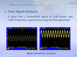 Result Analysis (DSP Processor)


Tone Signal Analysis:
A clean tone ( Sinusoidal) signal of 2-dB power and
1 KHz frequency is generated using function generator.

Fig.11: Clean and Noisy tone signals
21

 