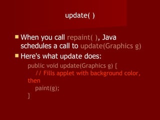 update( ) When you call  repaint( ) ,  Java schedules a call to  update(Graphics g) Here's what  update  does: public void update(Graphics g) {   // Fills applet with background color, then   paint(g); } 