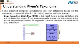 8/21/2021 12
Understanding Flynn’s Taxonomy
◆ Flynn classified computer architectures into four categories based on the
number of concurrent instruction (or control) streams and data streams:
▪ Single Instruction, Single Data (SISD): In this model, there is a single control unit and
a single instruction stream. These systems can only execute one instruction at a time
without any parallel processing. All single-core processor machines are based on the
SISD architecture
 
