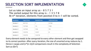 SELECTION SORT IMPLEMENTATION 15
Every element needs to be compared to every other element and then get swapped
to its correct position. After every iteration, the size of unsorted array reduces by 1.
Hence n swaps and (n*(n-1))/2 comparisons result in the complexity of Selection
Sort as O(n²).
Let us take an input array as – 8 5 7 3 1
The sorted output for this array is – 1 3 5 7 8
At nth iteration, elements from position 0 to n-1 will be sorted.
 