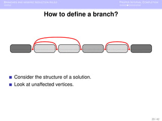 B RANCHES AND GENERIC REDUCTION RULES               P ROPER I NTERVAL C OMPLETION



                           How to deﬁne a branch?




       Consider the structure of a solution.
       Look at unaffected vertices.




                                                                            20 / 42
 