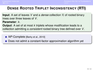C ONSIDERED PROBLEMS                               F EEDBACK A RC S ET IN TOURNAMENTS



     D ENSE R OOTED T RIPLET I NCONSISTENCY (RTI)
Input: A set of leaves V and a dense collection R of rooted binary
trees over three leaves of V .
Parameter: k .
Output: A set of at most k triplets whose modiﬁcation leads to a
collection admitting a consistent rooted binary tree deﬁned over V .

       NP-Complete [Barky et al., 2010]
       Does not admit a constant-factor approximation algorithm yet




                                                                                30 / 42
 