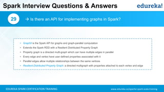www.edureka.co/apache-spark-scala-trainingEDUREKA SPARK CERTIFICATION TRAINING
Spark Interview Questions & Answers
 Is there an API for implementing graphs in Spark?29
• GraphX is the Spark API for graphs and graph-parallel computation
• Extends the Spark RDD with a Resilient Distributed Property Graph
• Property graph is a directed multi-graph which can have multiple edges in parallel
• Every edge and vertex have user defined properties associated with it
• Parallel edges allow multiple relationships between the same vertices
• Resilient Distributed Property Graph: a directed multigraph with properties attached to each vertex and edge
 