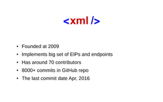 ● Founded at 2009
● Implements big set of EIPs and endpoints
● Has around 70 contributors
● 8000+ commits in GitHub repo
● The last commit date Apr, 2016
 