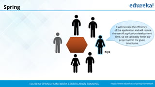 `
https://www.edureka.co/spring-frameworkEDUREKA SPRING FRAMEWORK CERTIFICATION TRAINING
It will increase the efficiency
of the application and will reduce
the overall application development
time. So we can easily finish our
project within the given
time frame.
Riya
Spring
 