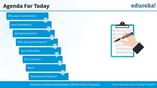 `
https://www.edureka.co/spring-frameworkEDUREKA SPRING FRAMEWORK CERTIFICATION TRAINING
Agenda For Today
Why Java Frameworks ?
Java Frameworks
Spring Framework
Why Spring Framework?
Spring Modules
IoC Container
Bean
Dependency Injection
 