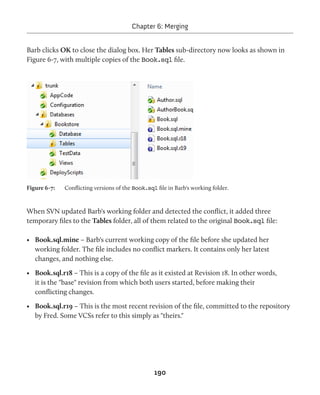 Chapter 6: Merging 
Barb clicks OK to close the dialog box. Her Tables sub-directory now looks as shown in 
Figure 6-7, with multiple copies of the Book.sql file. 
Figure 6-7: Conflicting versions of the Book.sql file in Barb's working folder. 
When SVN updated Barb's working folder and detected the conflict, it added three 
temporary files to the Tables folder, all of them related to the original Book.sql file: 
• Book.sql.mine – Barb's current working copy of the file before she updated her 
working folder. The file includes no conflict markers. It contains only her latest 
changes, and nothing else. 
• Book.sql.r18 – This is a copy of the file as it existed at Revision 18. In other words, 
it is the "base" revision from which both users started, before making their 
conflicting changes. 
• Book.sql.r19 – This is the most recent revision of the file, committed to the repository 
by Fred. Some VCSs refer to this simply as "theirs." 
190 
 