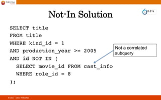 © 
2014 
PERCONA 
SHOW SESSION STATUS 
• Shows the real count of row accesses for your 
current session. 
mysql> FLUSH STATUS;! 
mysql> ... run a query ...! 
mysql> SHOW SESSION STATUS LIKE 'Handler%';! 
 
