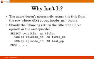 © 
2014 
PERCONA 
Primary Key Solution 
SELECT ROUND(RAND() * MAX(id)) ! 
FROM title! 
WHERE kind_id = 1;! 
! 
SELECT *! 
FROM title! 
WHERE kind_id = 1 AND id > $random! 
LIMIT 1;! 
0.0008s 
 