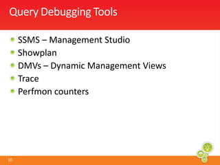 Query Debugging ToolsSSMS – Management StudioShowplanDMVs – Dynamic Management ViewsTracePerfmon counters