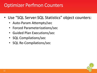 Optimizer Perfmon CountersUse “SQL Server:SQL Statistics” object counters: