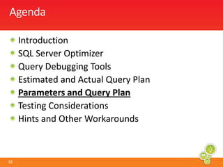 Agenda	IntroductionSQL Server OptimizerQuery Debugging ToolsEstimated and Actual Query PlanParameters and Query PlanTesting ConsiderationsHints and Other Workarounds