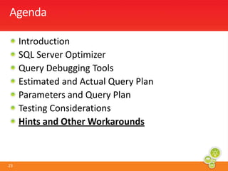 Two Different Days…-- Day One – NULL query comes firstDBCC FREEPROCCACHEEXECUTE myp NULLEXECUTE myp 'BC'-- Day Two – a BC query comes firstDBCC FREEPROCCACHEEXECUTE myp 'BC'EXECUTE myp NULLObserve:Query plan is reused for all parameter values if found in the cacheIf used for “different” value the discrepancies between “estimated” and “actual” row counts are higher