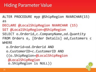 One Testing ScenarioA story…Developer created parameterized stored procTester developed a driverTests were successful and sp moved to production After 4 weeks w/out any problems the sp now takes forever to finish and blocks the productionDisaster declared, all hands…A likely cause:The tests were run always with the same query plan created for the first set of parameter values