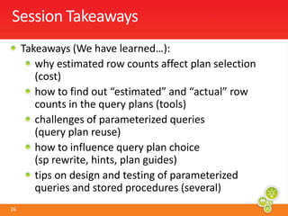 Test ResultsIf the plans are equal (watch for plan reuse! Run DBCC FREEPROCCACHE) you are ok (most likely)Else it still may be ok to use one of the generated plans for all parameter values (even those that would not pick the plan)Else you need to use more than one plan to get desirable performance…