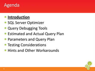 Agenda	IntroductionSQL Server OptimizerQuery Debugging ToolsEstimated and Actual Query PlanParameters and Query PlanTesting ConsiderationsHints and Other Workarounds