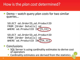 How is the plan cost determined?Demo – watch query plan costs for two similar queries…selectod.OrderID,od.ProductIDFROM [Order Details] odWHERE od.ProductID IN (9,15)SELECT od.OrderID,od.ProductIDFROM [Order Details] odWHERE od.ProductID IN (59,31)ConclusionsSQL Server is using cardinality estimates to derive cost of operatorsCardinality estimates are derived from the statistics
