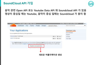 SoundCloud API 가입
음악 관련 Open API 로는 Youtube Data API 와 Soundcloud API 가 있음
영상이 중심일 때는 Youtube, 음악이 중심 일때는 Soundcloud 가 용이 함
새로운 어플리케이션 생성
 