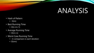 ANALYSIS
• Hash of Pattern
• O(m)
• Best Running Time
• O(n-m+1)
• Average Running Time
• O(m+n)
• Worst Case Running Time
• m comparison in each iteration
• O(mn)
 
